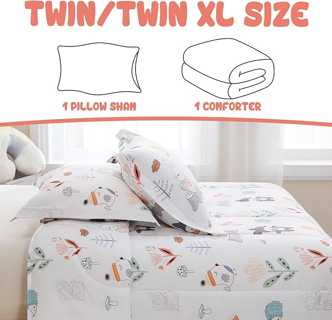 Yibeizi Woodland Animals Comforter Set Twin, Kids Forest Floral Camper Themed Printed Bedding Set with Pillow Sham, Cute Lightweight Soft Breathable Machine Washable Quilted Bed Comforter