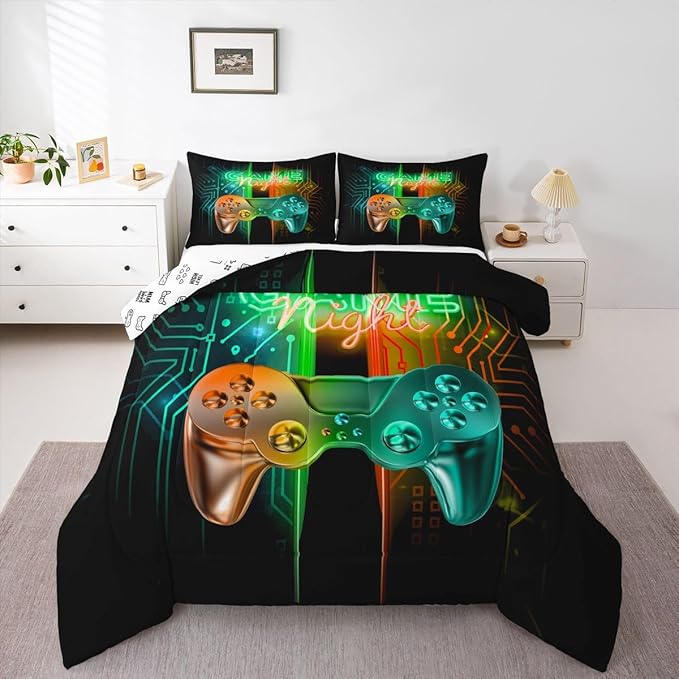 Feelyou Gamer Comforter Kids Gaming Video Game Comforter Set for Boys Teens Noverlty Modern Gamepad Bedding Set Breathable Gamer Console Bedding Duvet Set Bright Orange Green Room Decor Twin Size