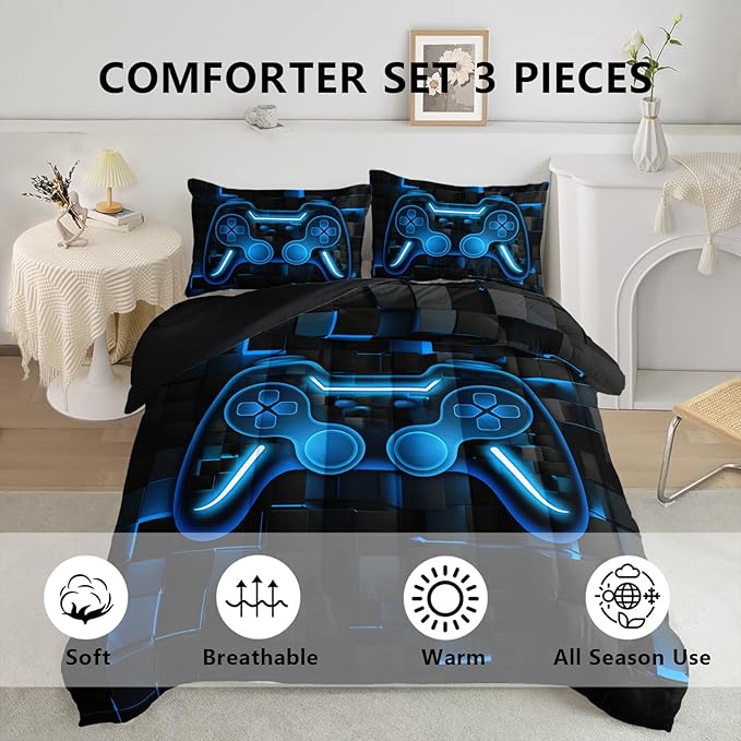 Axolotl Gamepad Comforter Set Twin Size,Blue Grid Print Bedding Set,Boys Gaming Console Comforter Set,Modern Gaming controller Geometry Bedding Set for Adult Teens Men,1 Quilt 2 Pillowcases,Blue Black