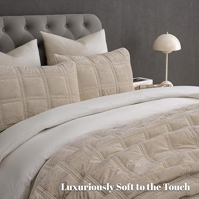 PHF Ultra Soft Velvet Quilt Set King Size – 3PCS Luxurious Cozy Quilted Comforter Alternative with Diamond Pattern, Warm Quilted Bedspread Coverlet, 108" x 92", Oxford Tan