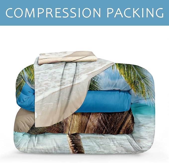 Bedbay Tropical Paml Tree Bedding Set Beach Queen Comforter Set Sunny Beachy Comforter Beach Themed Bedding Set Queen Size 3 Pieces Soft Microfiber Ocean Duvet Set for All Seasons