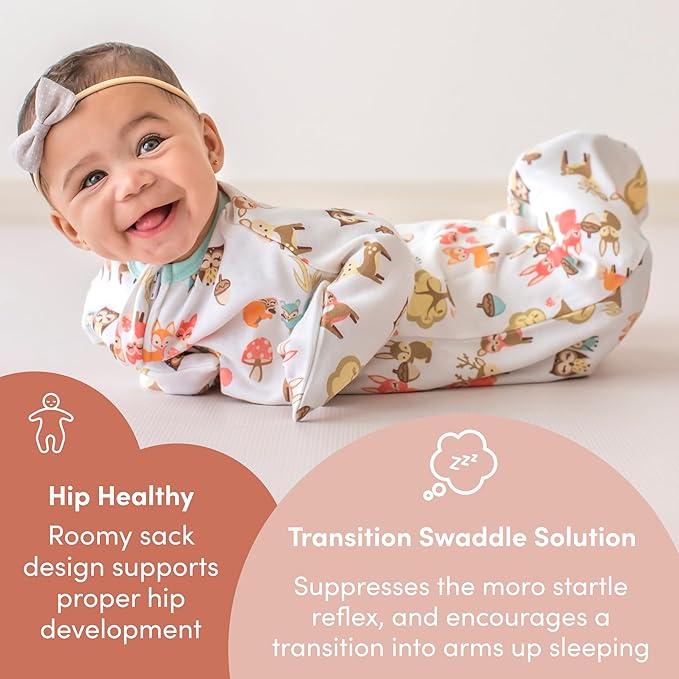 SleepingBaby Zipadee-Zip Transition Swaddle (Woodlands, Small for 4-8 Months) and Snuggle Strap (Grey, One Size) - Wearable Baby Blanket and Accessory for Easy Diaper Changes - Polyester, Spandex