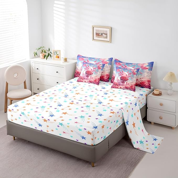 Feelyou Kids Cute Axolotl Comforter Set with Sheets King Size, Cartoon Animal 7 Pieces Bedding Set Boys Girls Kawaii Ocean Sealife Bed in A Bag Rose Teens Bed Set Bedroom Decor 7Pcs