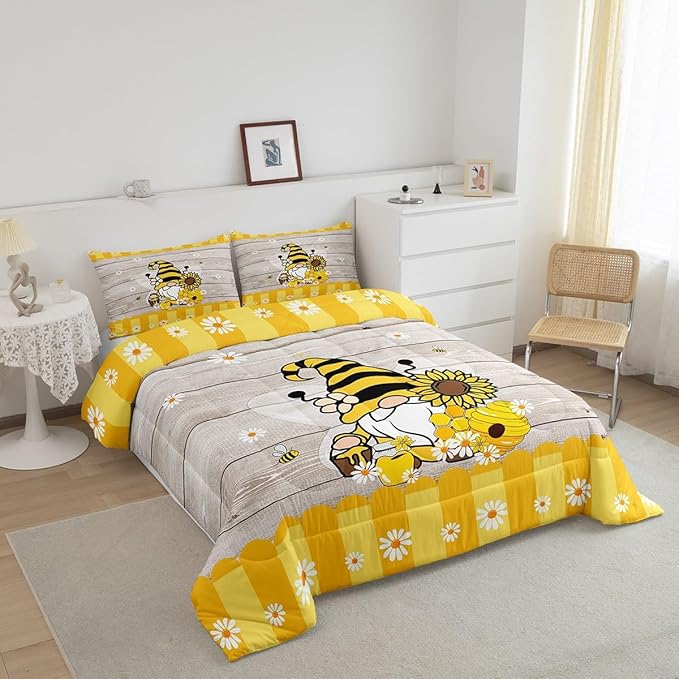 Erosebridal Bee Gnome Comforter Set Queen, Sunflower Daisy Floral Bedding Set for Kids Boys Girls, Honeycomb Honey Can Duvet Set Home Room Decor, Yellow Farm Cartoon Soft Down Comforter 3 Pcs