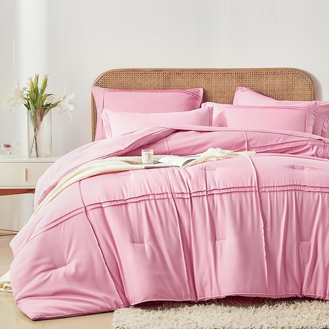 Yogeneg King Size Comforter Set 7 Piece Bed in a Bag,Grid Pinch Pleat Pink Bedding Set,Striped Textured Soft Microfiber Comforter with Sheet Set,All Season Complete Bed Set(Pink,King)