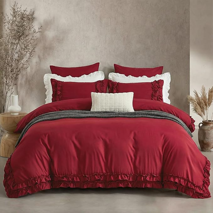 Burgundy Duvet Cover Queen Size Ruffled Bedding Set Vintage Lace Ruffle Elegant Bedroom Decor Shabby Chic Farmhouse Style Boho Chic Duvet Cover Set for All Season