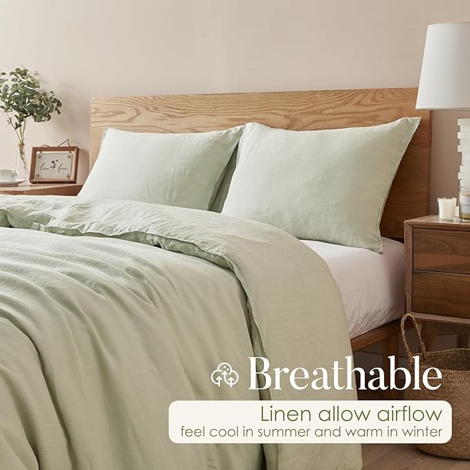 DAPU 100% Linen Duvet Cover Set - Pure Natural French Flax Linen with Corner Ties and Zipper Closure Soft Breathable Durable for Hot Sleepers 1 Duvet Cover 2 Pillowcases (Sage Green, Queen/Full)