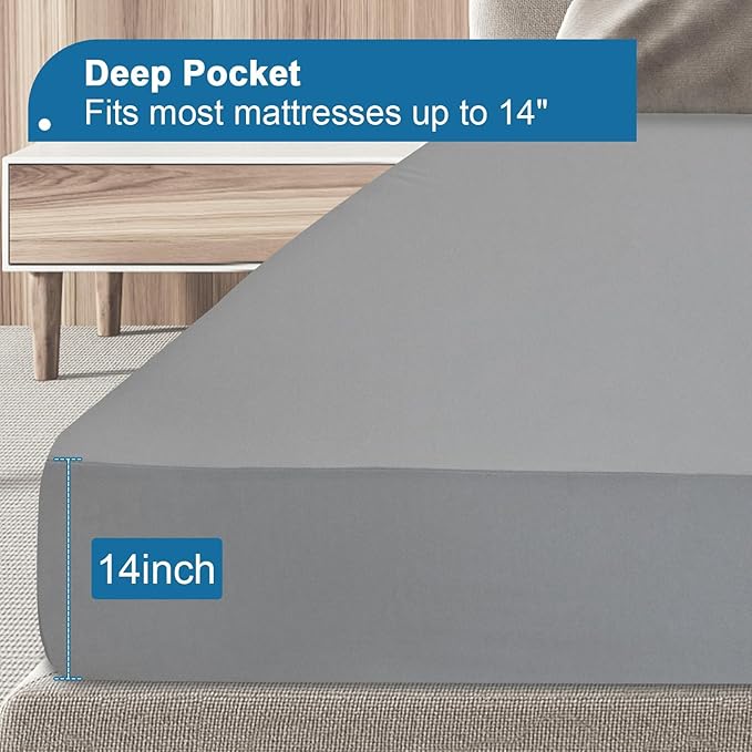 Twin Mattress Protector Waterproof, Twin Size Mattress Pad Cover for Kids Bed,Soft & Breathable Single Fitted Sheet for Bed with Deep Pocket and Elastic Rubber Band Up to 14 Inches, Gray