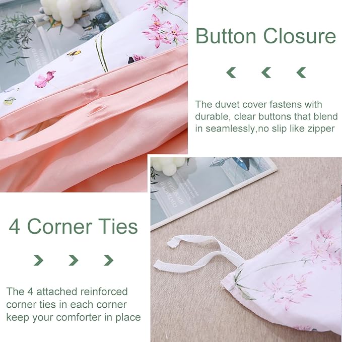 URBONUR Pink Floral Duvet Cover Set Full Size 3 Piece Romantic Garden Flowers Cute Bees Print Bedding Set for Girls Women, Full Comforter Cover with Button Closure
