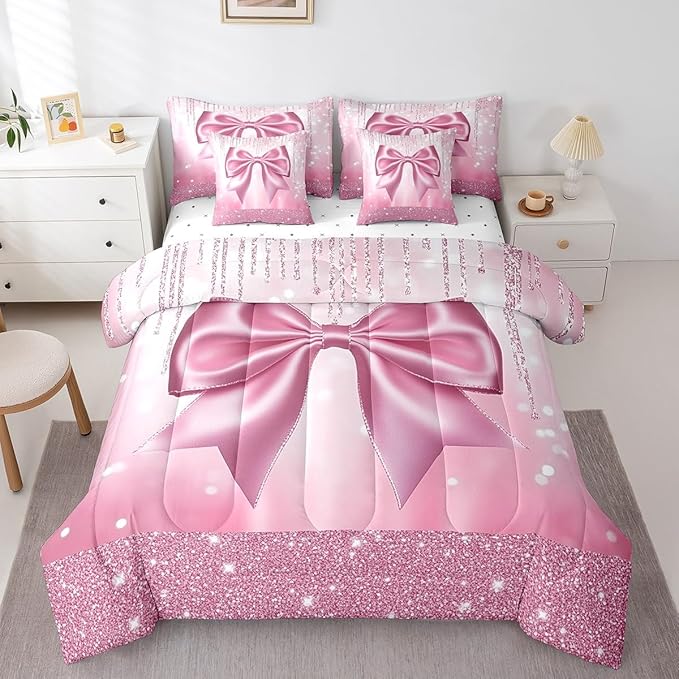 Feelyou Kids Pink Bowknot 7 Pieces Bedding Set Queen Size, Dreamy Princess Comforter Set with Sheets Boys Girls Glitter Bed in A Bag Watercolor Bow Teens Bed Set Bedroom Decor 7Pcs
