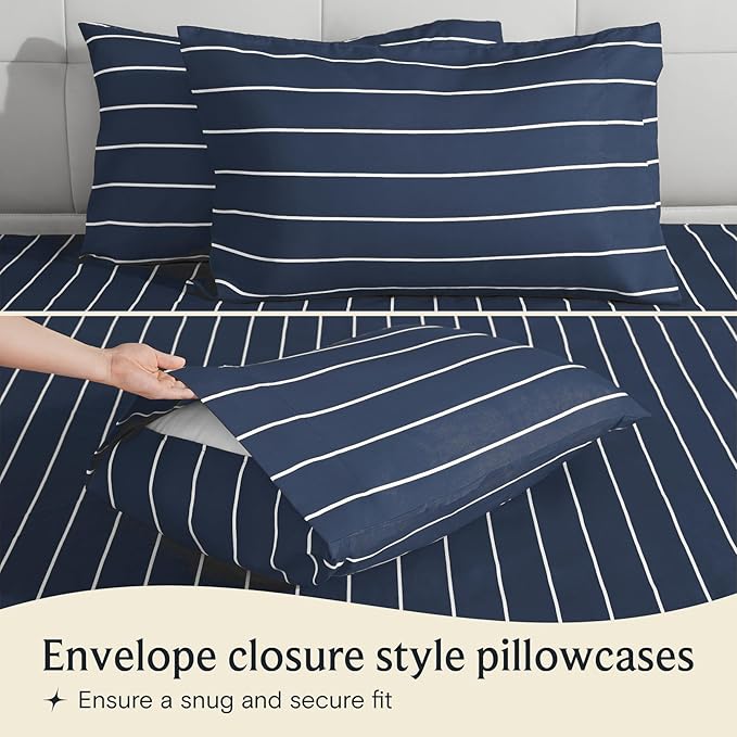 LuxClub 4 PC Cal King Size Sheet Set, Breathable Luxury Bed Sheets, Deep Pockets 18" Wrinkle Free Cooling Machine Washable Hotel Bedding (Striped Navy)