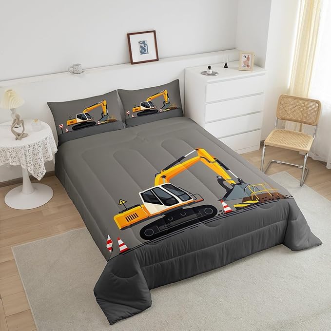 Feelyou Excavator Comforter Set Boys Cute Vehicles Truck Car Print Bedding Set Kids Cartoon Machinery Cars Comforter for Teens Room Decor Construction Site Duvet Set King Size Boys