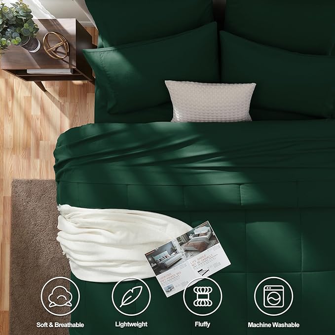CozyLux Oversized Queen Comforter Sets Emerald Green, 7 Pieces Bed in a Bag, Ultra-Soft All Season Bedding Sets with Stitch Quilted Comforter, Flat Sheet, Fitted Sheet, Pillowcases, Emerald Green