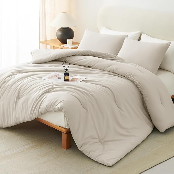 CozyLux Oversized Queen Comforter Set Beige, 3 Pieces 98x98 Solid Breathable Quilted Style Bedding Sets All Season, Luxury Soft Down Alternative Comforter Bed Set (1 Comforter & 2 Pillowcases)