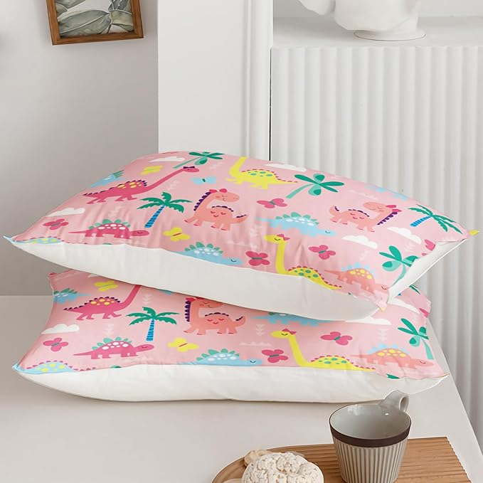 Axolotl Cute Dinosaur Comforter Set Twin,Colorful Dinosaur Girls Bedding Set,Dinosaurs Print Comforter Sets Botanical Palm Trees,Butterfly Bedding Set for Kids Girls Teens,1 Quilt 2 Pillowcases,Pink
