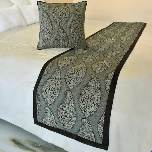 The HomeCentric King/Queen/Twin Grey Decorative CA King 86"x18" Bed Runner with Pillow Cover, Paisley & Beaded Bed Scarf on Jacquard Fabric - Paisley History