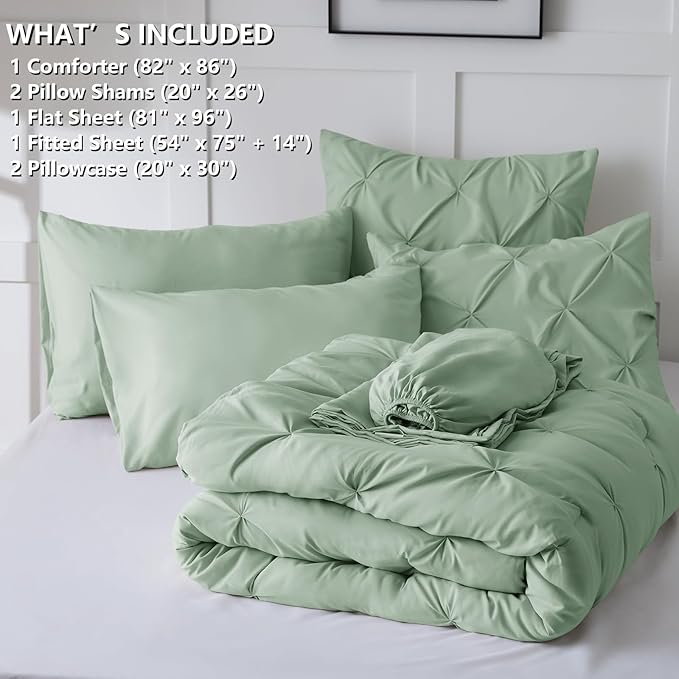 Full Comforter Set Sage Green, 7 Pieces Pintuck Bed in A Bag Full Size Bedding, Soft Bed Set All Season Pinch Pleat Comforter Set with Sheets, Pillowcases & Shams
