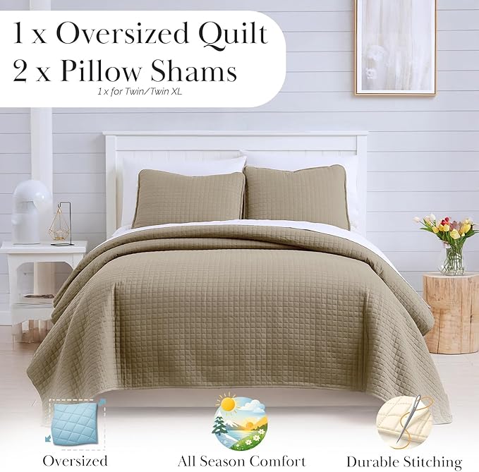 Southshore Fine Living, Inc. Twin Quilt Bedding Set, Soft Brushed Microfiber Taupe Quilts, Twin/XL Coverlet Bedspread, Wrinkle & Pet Hair Resistant Bedding with 1 Pillow Sham, Taupe