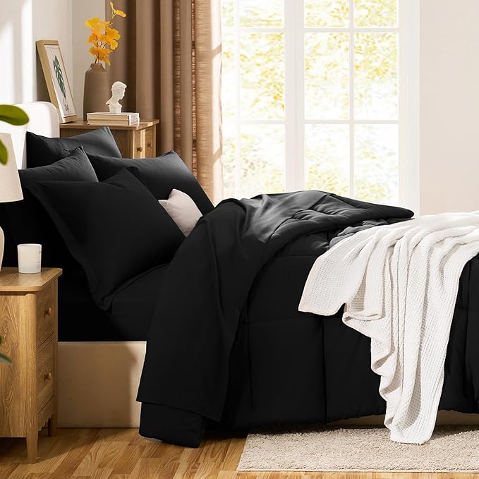 CozyLux Oversized King Comforter Sets Black, 7 Pieces Bed in a Bag, 120x98 Box Stitched Design Bedding Set, All Season Soft Bed Set with Down Alternative Comforter, Sheets, Pillowcases & Shams