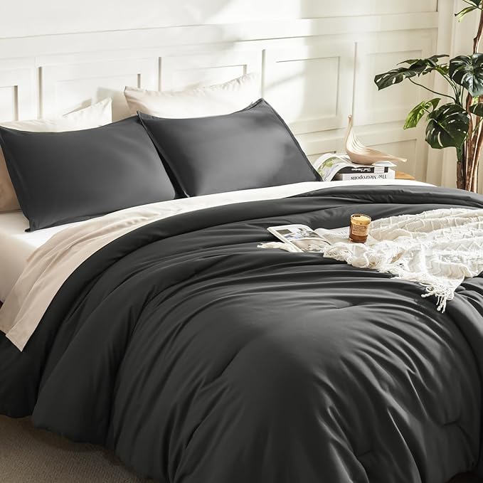 Litanika Grey Comforter Queen Size Set, Dark Gray Lightweight Plain Bedding Comforters Sets, All Season Fluffy Bed Set (90x90In Comforter & 2 Pillowcases)
