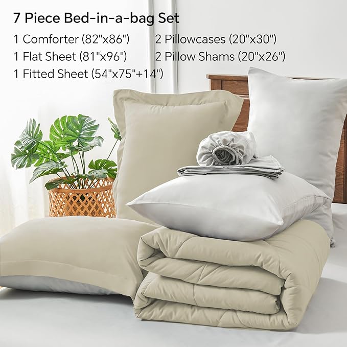 BEDELITE Full Comforter Set 7 Pieces Bed in A Bag - Soft Microfiber Reversible Oatmeal Bed Set with Comforters, Sheets, Pillowcases & Shams, Cozy Luxury Bedding Sets for All Season