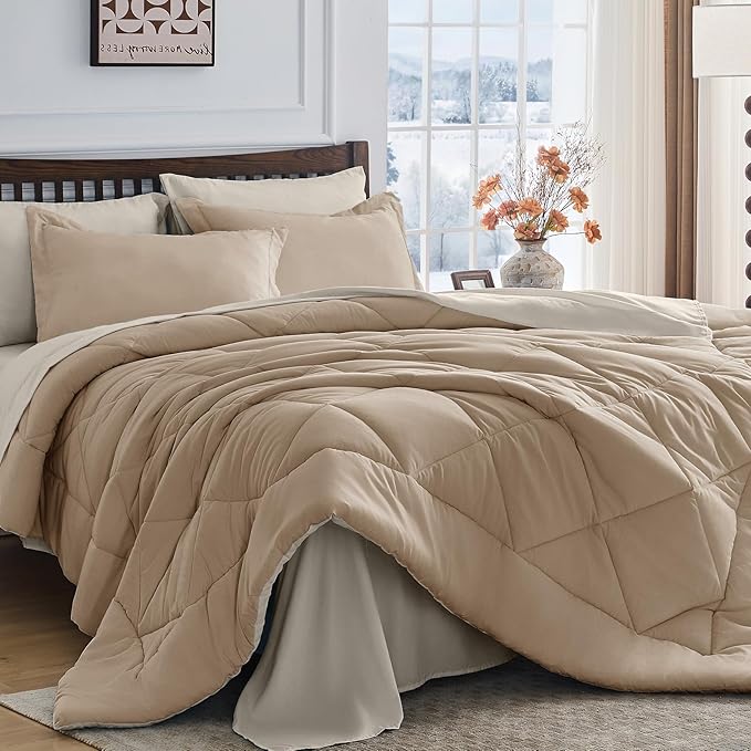 HEVUMYI Khaki & Linen Full Comforter Set - 7-Piece All Season Bed in a Bag Full, Ultra Soft Bedding Set with Comforter, Flat Sheet, Fitted Sheet, Pillowcases, Pillow Shams