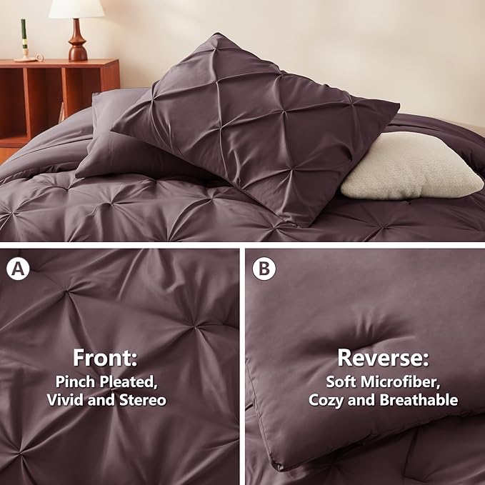 CozyLux King Size Comforter Set Cocoa Powder, 7 Pieces Pintuck Bed in A Bag Cocoa Powder Comforter King Size, Pinch Pleat Bedding Set with All Season Comforter, Sheets, Pillowcases & Shams