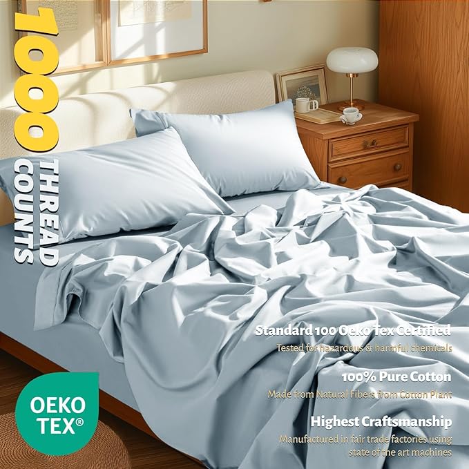Shilucheng 100% Egyptian Cotton King Size Sheets Set - 1000 Thread Count，Luxury Cotton Bed Sheets，Breathable & Cooling Bedding and Pillow Cases, 16 Inch Deep Pocket - 4 Piece(Light Blue,King)