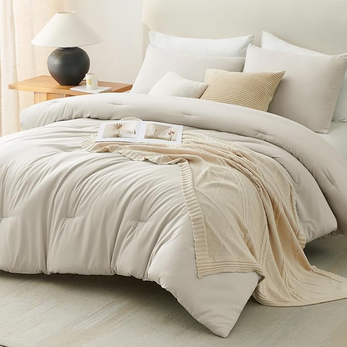CozyLux California King Comforter Set Beige, 3 Pieces Cal King Solid Breathable Quilted Bedding Sets, Cozy Luxury Fluffy Soft Bed Sets with Down Alternative Comforter and 2 Pillowcases for All Season