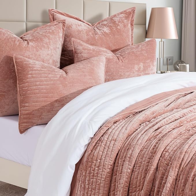 EVERGRACE Velvet Quilt Set King Size, Luxurious Soft Striped Channel Bedding Set, Lightweight Velvet Comforter for All Season, Oversized Bedspread Coverlet with 2 Matching Shams, Pink Clay