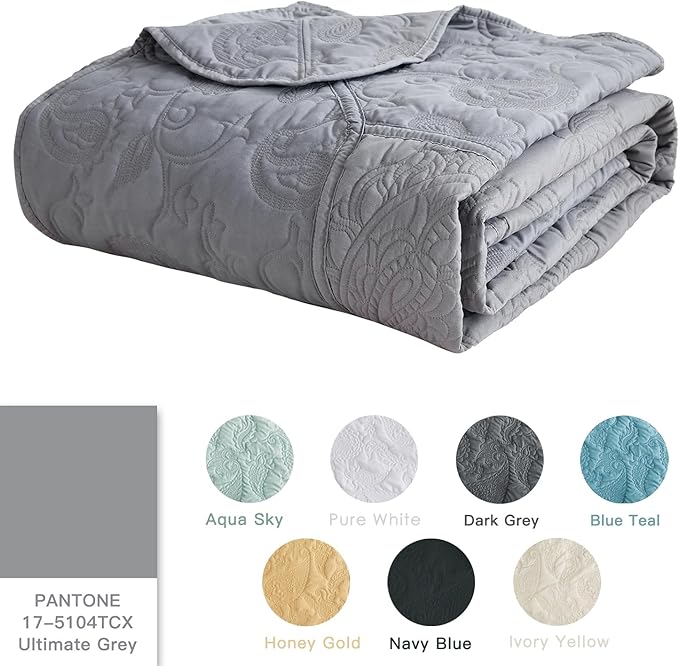 HZ & HY Oversized King Bedspread, Quilted Coverlet Bedding Set, Lightweight Thin Comforter, Reversible, Luxurious, 5 Piece, 100% Microfiber, Grey