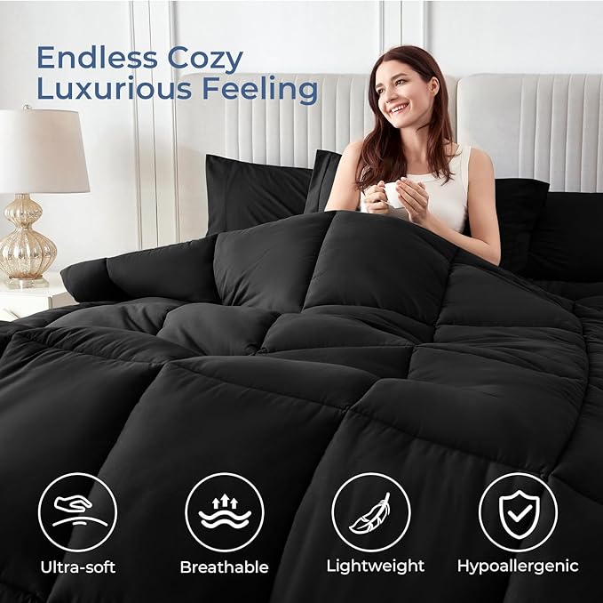 Sasttie Oversized Queen Comforter Set, 7 Pieces Extra Large Bed in a Bag, Complete Bedding Set Includes 98''x98'' Comforter, Flat Sheet, Fitted Sheet, Pillowcases and Pillow Shams, Black