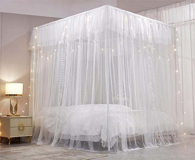 VETHIN 4 Corners Post Ruffle Princess Bed Canopy Curtain-Double Layer Cozy Drape Netting 4 Opening Mosquito Net for Girls Adults Bedroom Decoration (White/White, 78" W*86" L*82"*H/(King))
