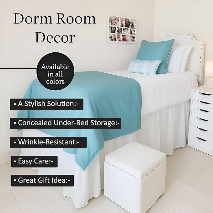 Shreem Linen Dorm Room Bed Skirt Twin XL 46 Inch Drop, 100% Microfiber Extra Long Bedskirt, White