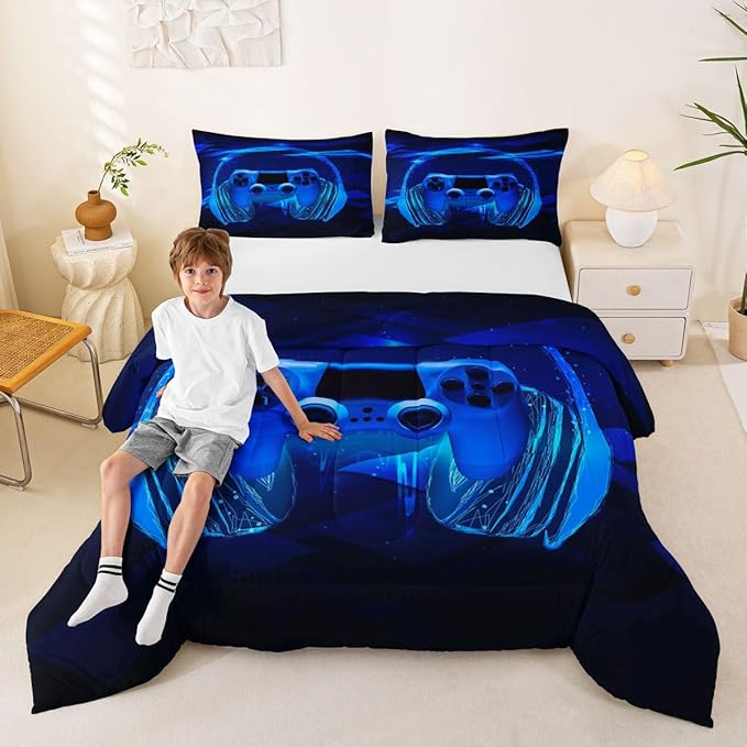 Feelyou Gamer Bedding Set Kids Video Game Gamepad Comforter Set for Boys Teens Gaming Headset Comforter Breathable Blue Game Controller Duvet Set Room Decor Quilt Set Twin Size