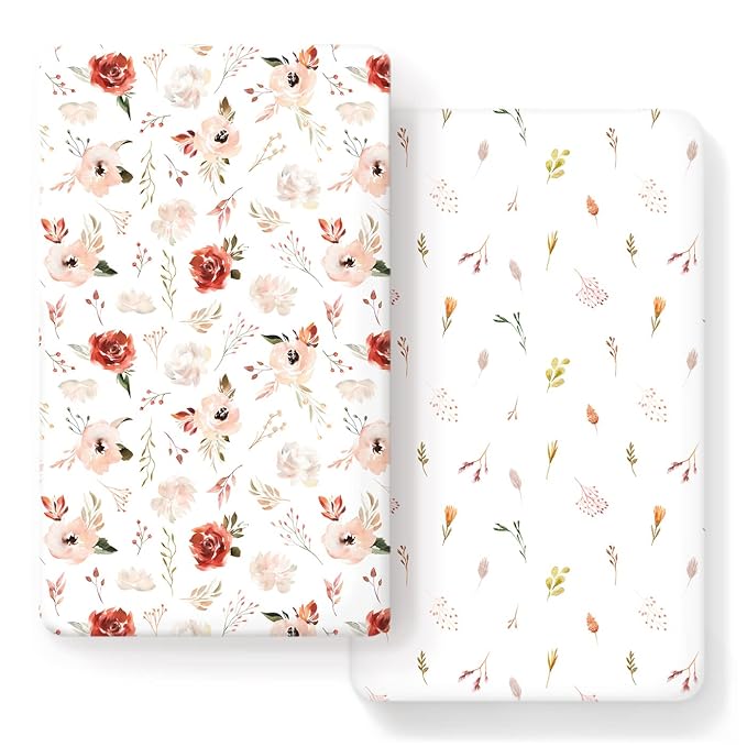 GRSSDER Ultra Soft Jersey Knit Fitted Crib Sheets 2 Pack, Universal Fit Crib Mattress Pads Snug and Safe, Breathable Crib Mattress Sheet for Baby Girls, Pretty Watercolor Pink Rose Flora