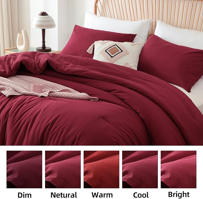 ROSGONIA King Size Comforter Set Dark Red,3pcs King Comforter Set(1 Boho Red Comforter & 2 Pillowcases) All Season Lightweight Bedspread Blanket Quilt