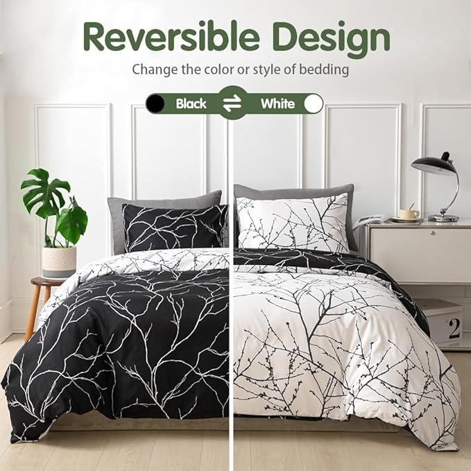 Lekesky Reversible Duvet Cover Queen Size, Black Branch Comforter Cover Queen 3pcs Microfiber Botanical Bedding Set with Zipper Closure Corner Ties
