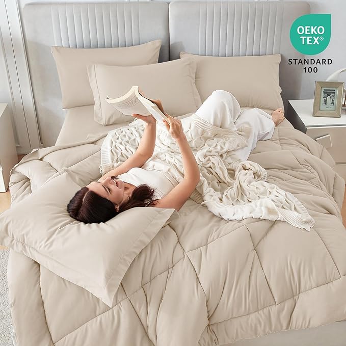 Sasttie California King Comforter Set, 7 Pieces Cal King Bed in a Bag, Complete Bedding Set Includes Comforter, Flat Sheet, Fitted Sheet, Pillowcases and Pillow Shams, Beige
