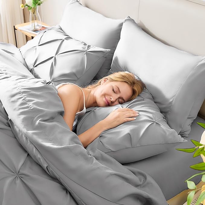 Queen Comforter Set Light Grey, 7 Pieces Pintuck Bed in A Bag Queen Size Bedding, Soft Bed Set All Season Pinch Pleat Comforter Set with Sheets, Pillowcases & Shams