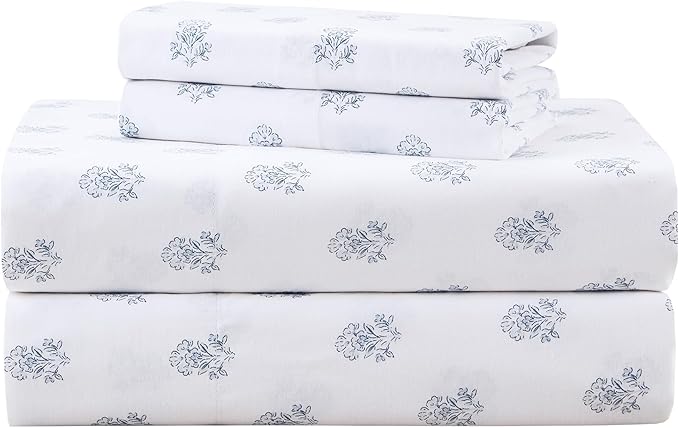 Comfort Spaces 100% Cotton Sheets King, Breathable, Naturally Cool Cotton Sheets, Soft Cotton Bed Sheets with 14" Elastic Pocket Fits up to 16" Mattress, All Seasons Sheet Set, Floral Blue 4 Piece