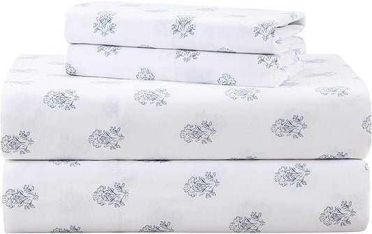 Comfort Spaces 100% Cotton Sheets King, Breathable, Naturally Cool Cotton Sheets, Soft Cotton Bed Sheets with 14" Elastic Pocket Fits up to 16" Mattress, All Seasons Sheet Set, Floral Blue 4 Piece