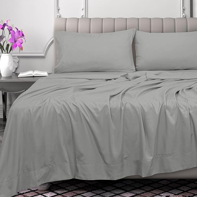 Royale Linens 300 Thread Count 100% Long Staple Combed Cotton Flat Sheet - Super Soft - Top Sheets - Full Flat Sheet Sold Separately - Breathable, Cool & Crisp Percale Sheets Only (Full, Silver)