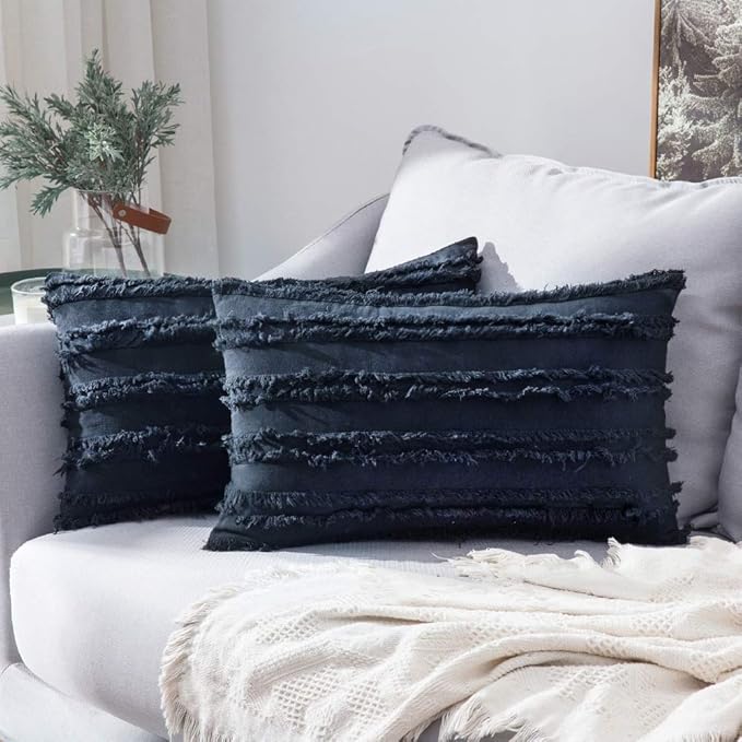 MIULEE Set of 2 Decorative Boho Throw Pillow Covers Linen Striped Jacquard Pattern Cushion Covers for Sofa Couch Living Room Bedroom 12x20 Inch Navy Blue
