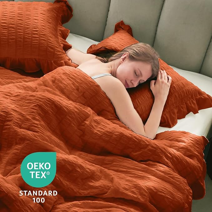 JOLLYVOGUE Burnt Orange Comforter Full Size, 3 Pieces Seersucker Lightweight Full Size Bedding, All Season Fluffy Microfiber Bedding Comforter Set with 1 Ruffle Comforter and 2 Ruffle Pillowshams