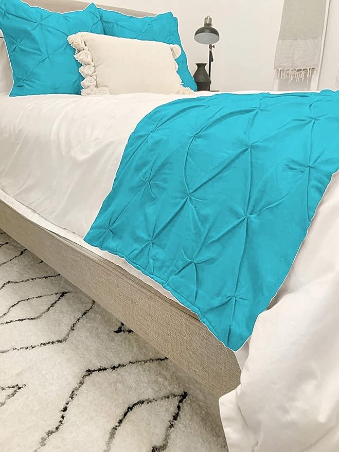 Bed Runner Set - 100% Pure Cotton 800 Thread Count - Luxury 1 Pinch Pleated Bed Runner and 4 Pillow Cover - 5 Piece Pinch Pleated Bed Runner Set Twin, Turquoise