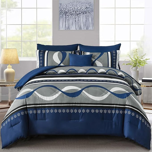 Anibedding Comforter Set King Size,8 Pieces Navy Blue Boho Bed in a Bag Patchwork Striped Comforter Set, Soft Microfiber Bedding Set for All Season(104"×90")