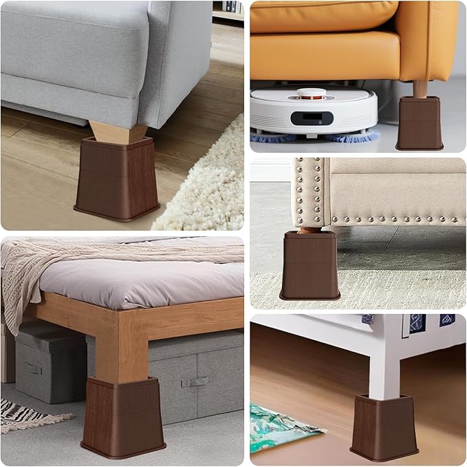 Adjustable Bed Risers,Elevation in 3, 5 or 8 Inch Heavy Duty Risers,Oversized Fit Up to 5.5" Legs, Stackable Bed Raising Blocks for Couches, Tables, Desks (Brown, 8 inch-4 Pack)