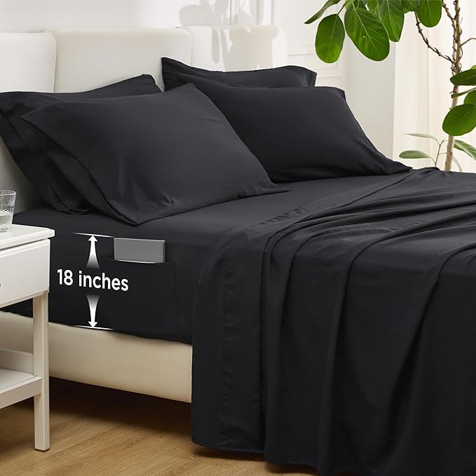 Bedsure Deep Pocket Queen Sheets - 6 Piece, Prewashed Ultra-Soft Queen Sheet Set, Fits Mattresses Up to 18 Inches Thick, Breathable & Secure Fit, Hotel Luxury Bedding, Black