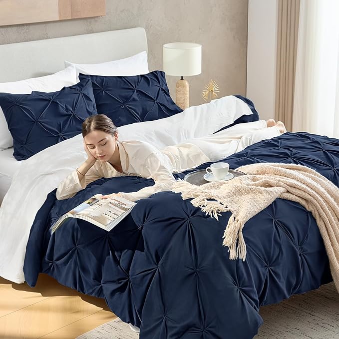 Andency Navy Blue Pinch Pleat Comforter Twin(66x90Inch), 2 Pieces(1 Pintuck Comforter, 1 Pillowcase) Microfiber Pintuck Comforter Set Down Alternative Comforter Bedding Set